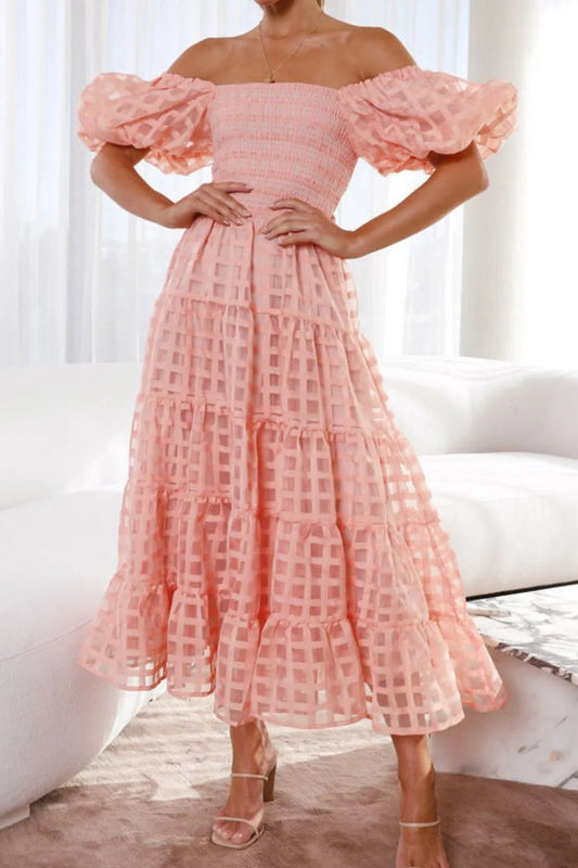 Off Shoulder Short Puff Sleeve Midi Dress - adritiX