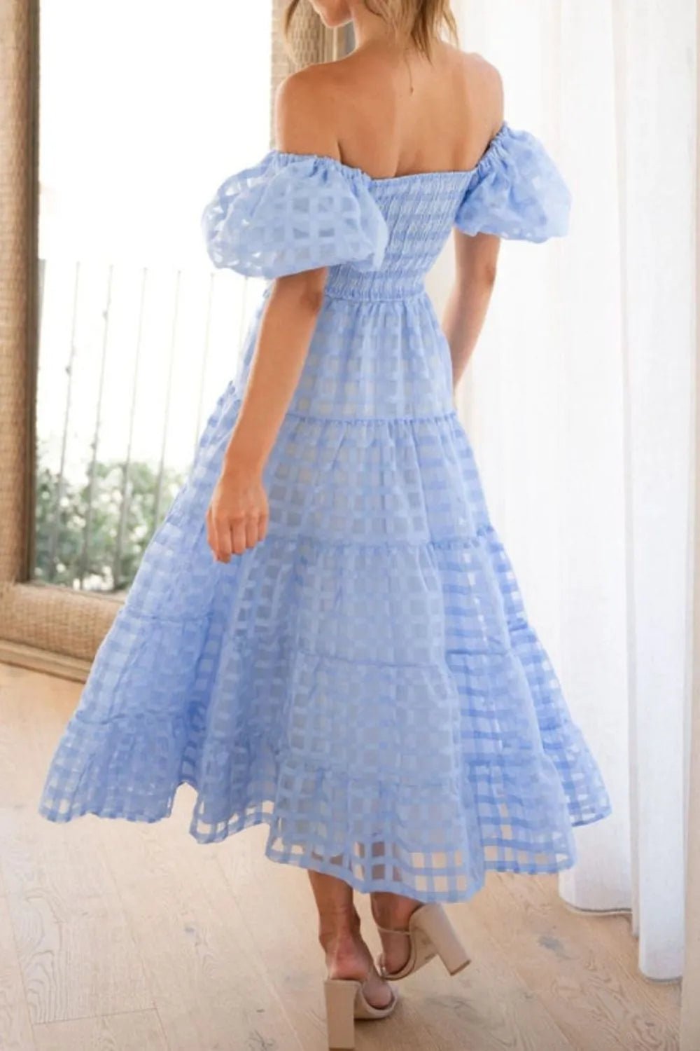 Off Shoulder Short Puff Sleeve Midi Dress - adritiX