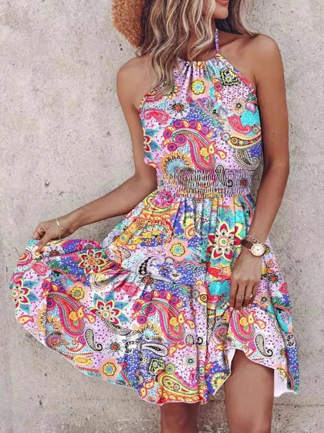 Paisley Print Halter Neck Mini Dress - adritiX