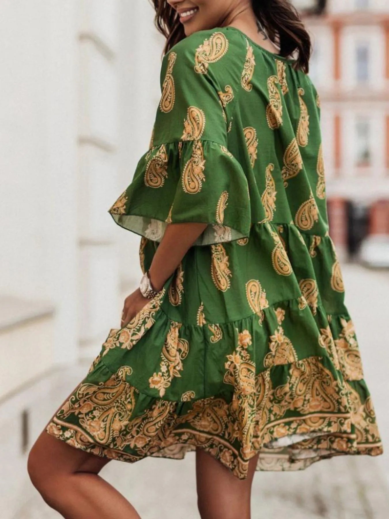 Paisley Print Tie Neck Half Sleeve Mini Dress - adritiX