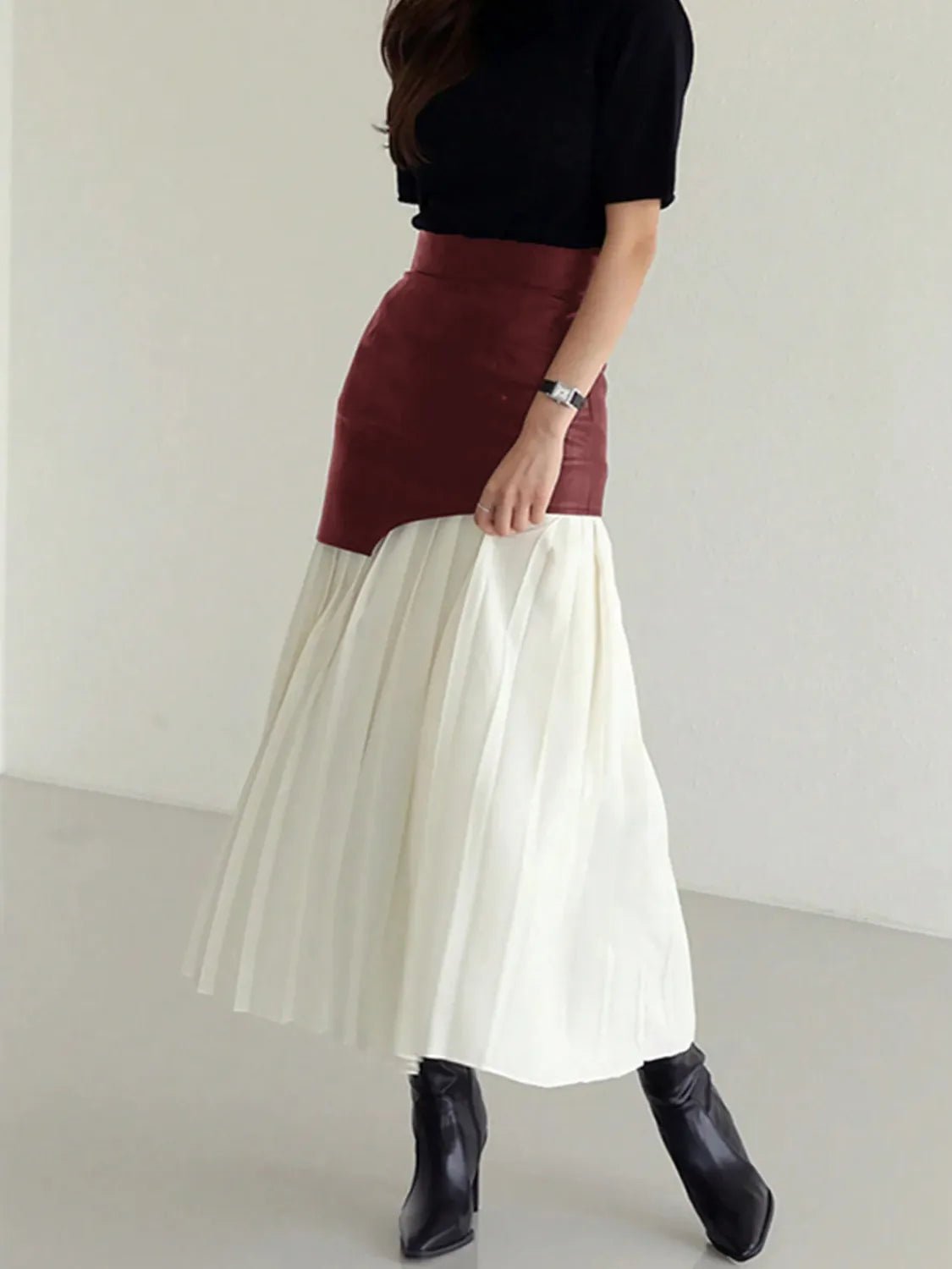 Patchwork Contrast Pleated Skirt - adritiX
