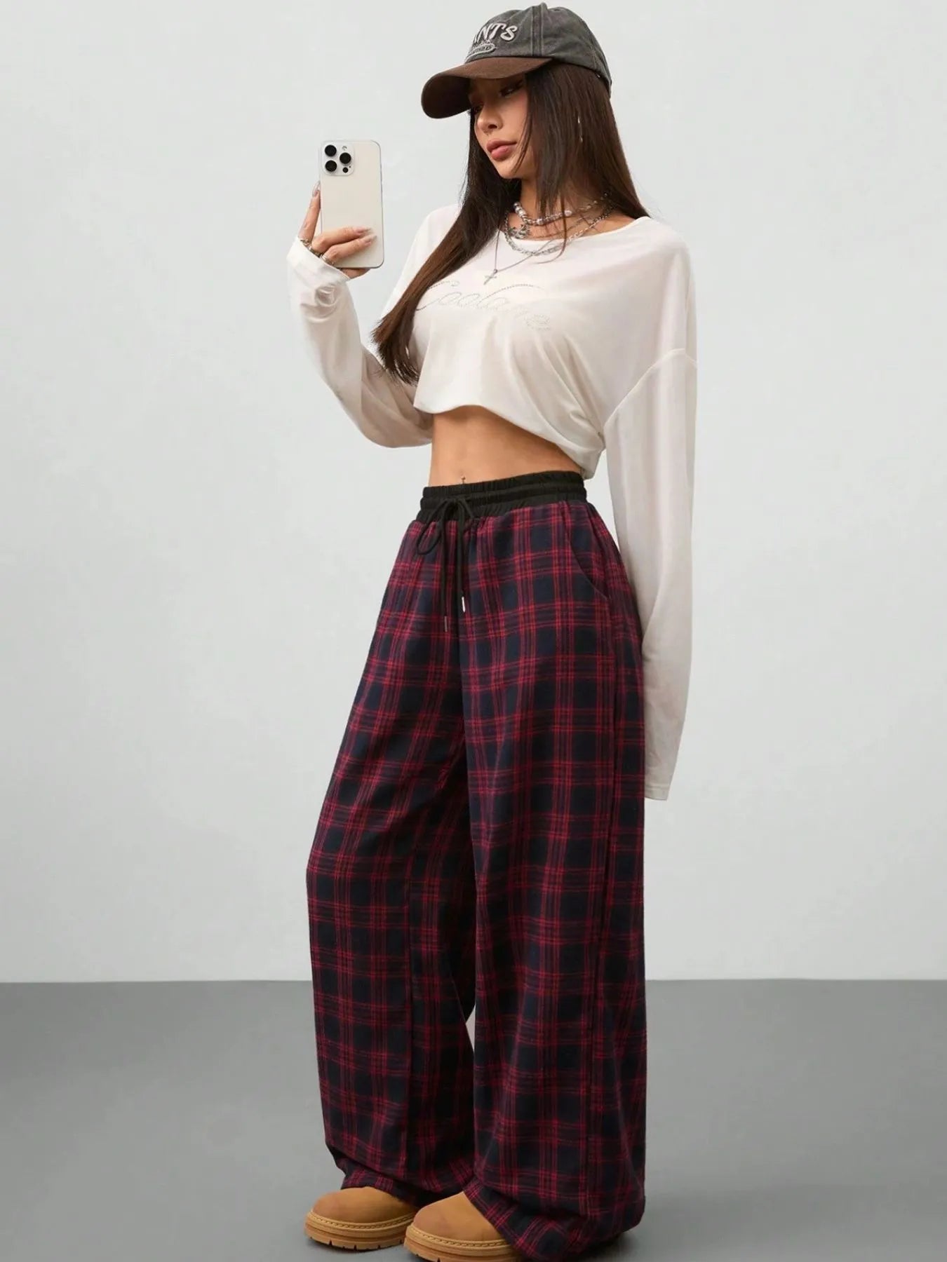 Plaid Perfection: Wide Leg Pants with Adjustable Drawstring for Ultimate Comfort - adritiX