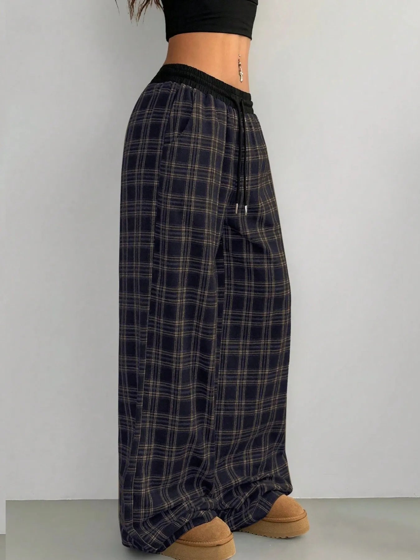 Plaid Perfection: Wide Leg Pants with Adjustable Drawstring for Ultimate Comfort - adritiX