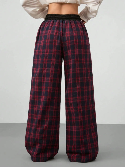 Plaid Perfection: Wide Leg Pants with Adjustable Drawstring for Ultimate Comfort - adritiX