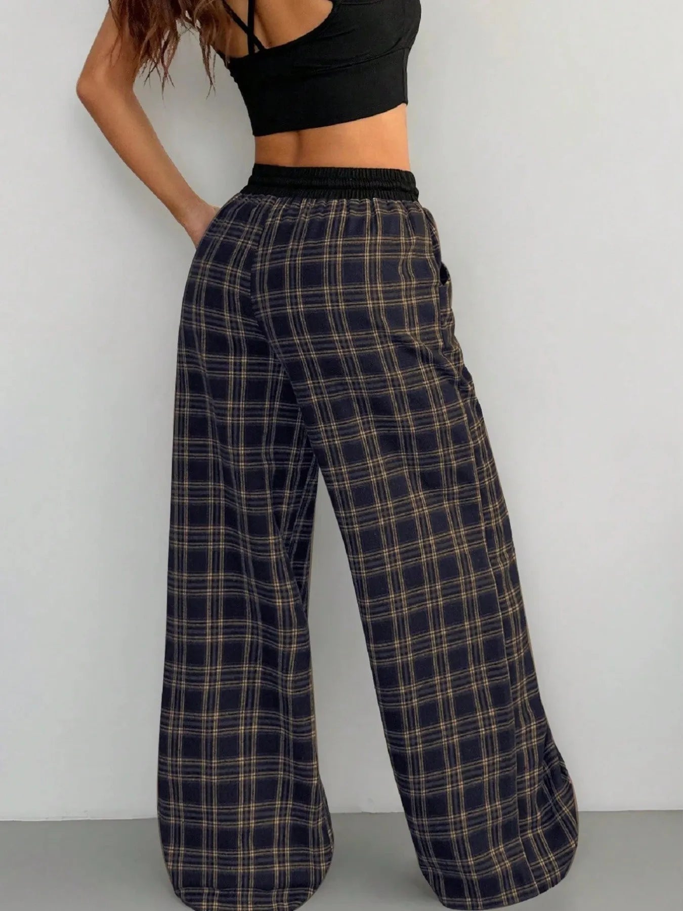 Plaid Perfection: Wide Leg Pants with Adjustable Drawstring for Ultimate Comfort - adritiX