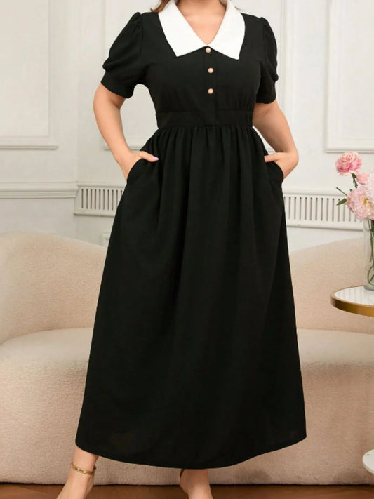 Plus Size Contrast Collar Short Sleeve Dress - adritiX
