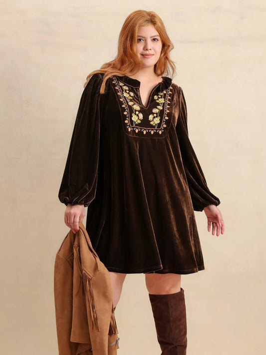 Plus Size Embroidered Notched Balloon Sleeve Mini Dress - adritiX