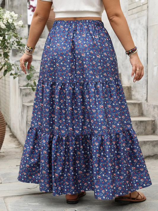 Plus Size Floral Elastic Waist Maxi Skirt - adritiX