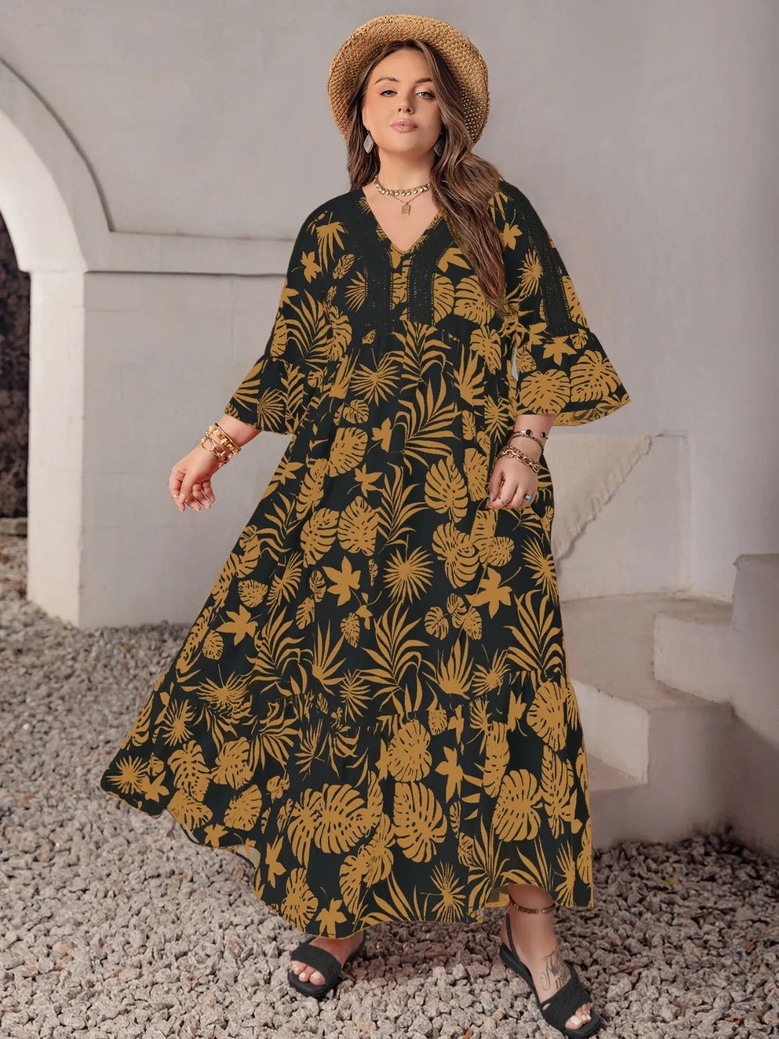 Plus Size Lace Detail Tropical Print Three - Quarter Sleeve Maxi Dress - adritiX