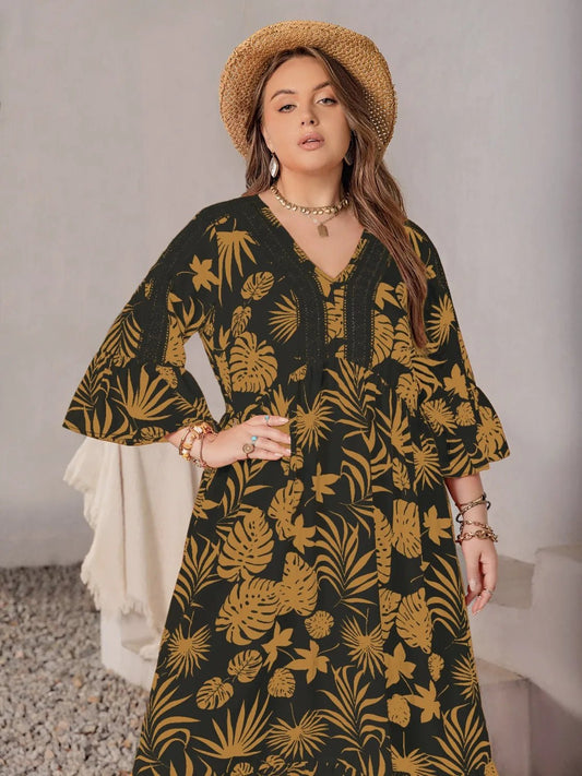 Plus Size Lace Detail Tropical Print Three - Quarter Sleeve Maxi Dress - adritiX