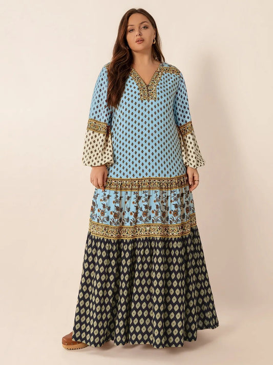 Plus Size Printed V - Neck Balloon Sleeve Maxi Dress - adritiX