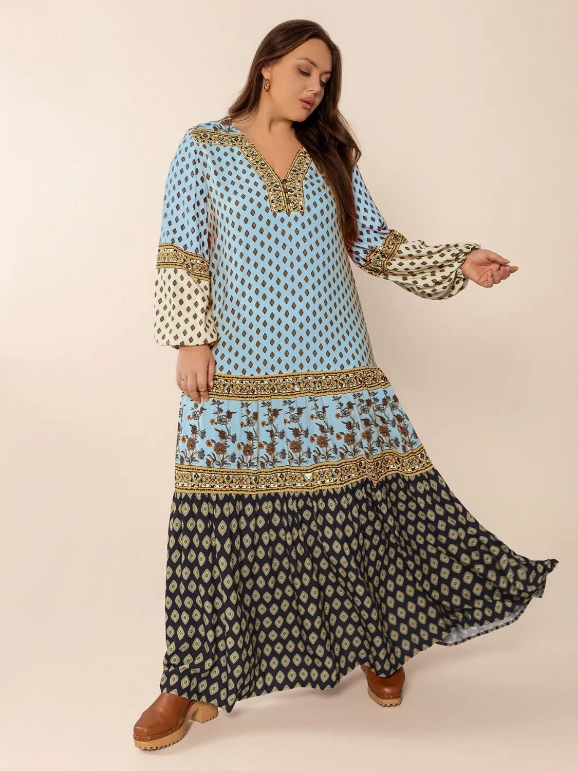 Plus Size Printed V - Neck Balloon Sleeve Maxi Dress - adritiX