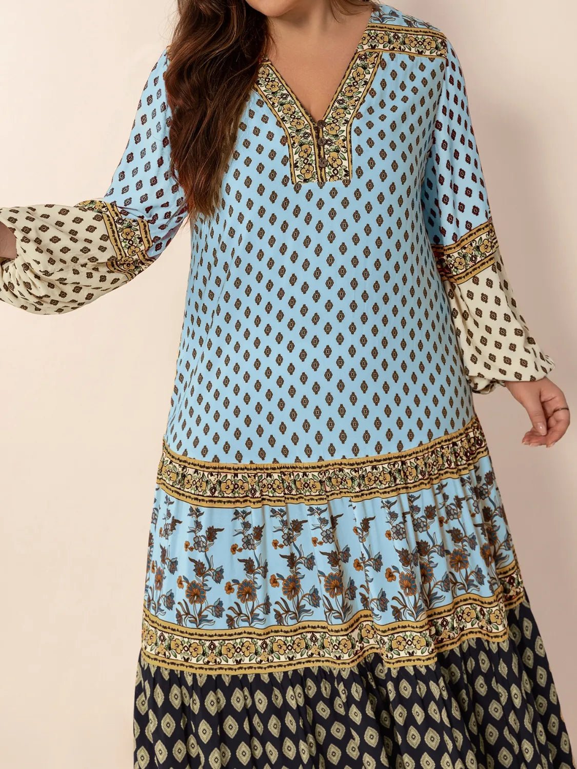 Plus Size Printed V - Neck Balloon Sleeve Maxi Dress - adritiX