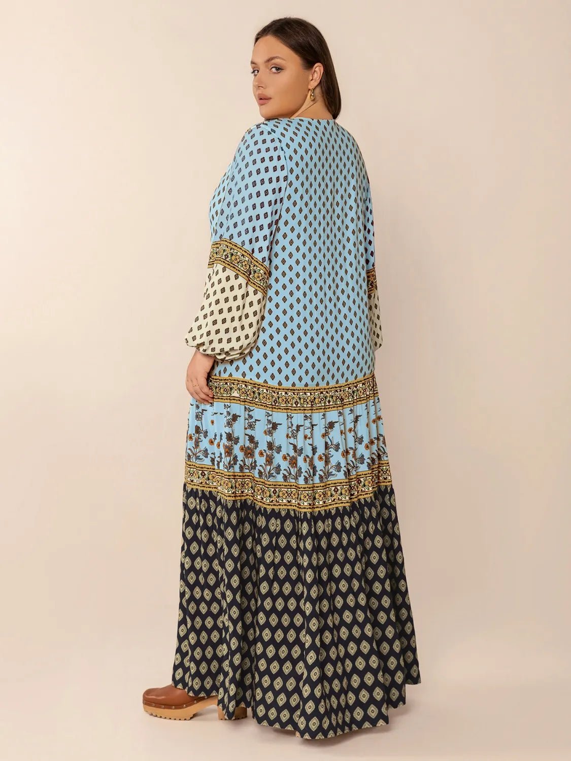 Plus Size Printed V - Neck Balloon Sleeve Maxi Dress - adritiX