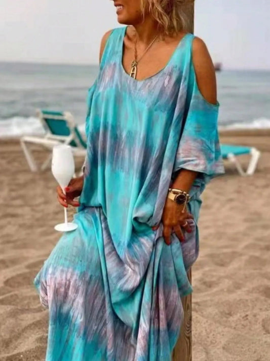 Plus Size Tie - Dye Cold Shoulder Maxi Dress - adritiX