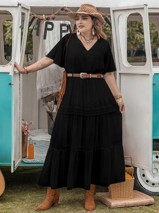 Plus Size Tie Neck Flutter Sleeve Dress - adritiX