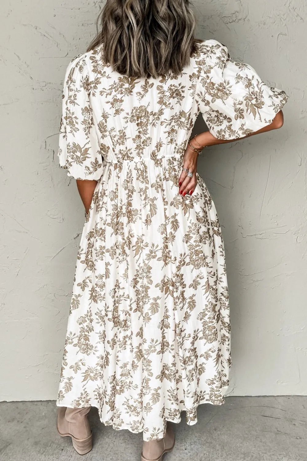 Printed Button Front Puff Sleeve Dress - adritiX