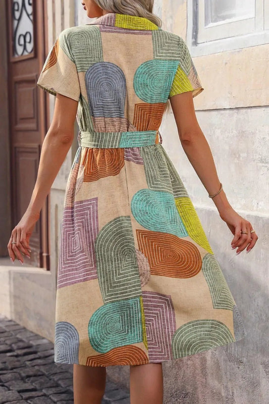 Printed Collared Neck Tie Waist Dress - adritiX