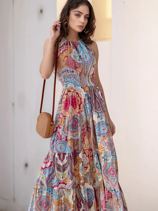 Printed Halter Neck Maxi Dress - adritiX