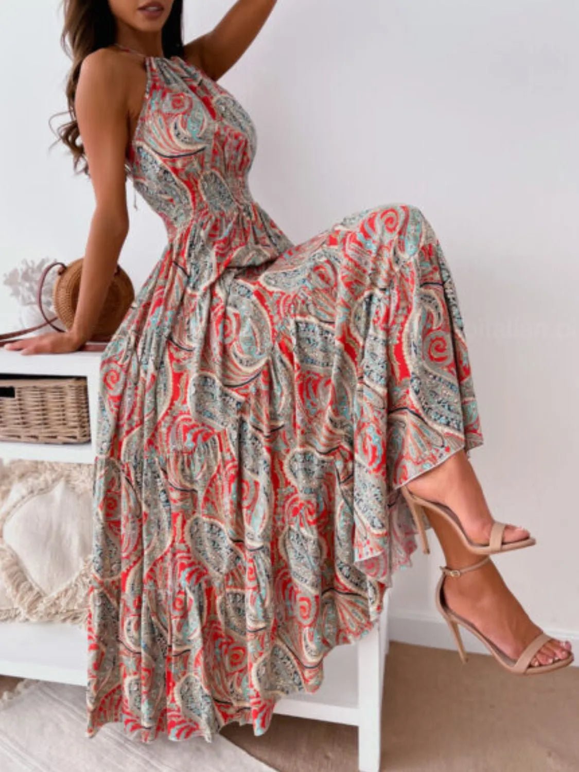 Printed Halter Neck Maxi Dress - adritiX