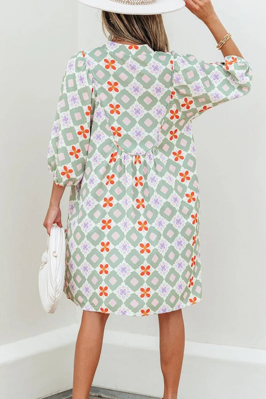 Printed Notched 3/4 Balloon Sleeves Loose Dress - adritiX