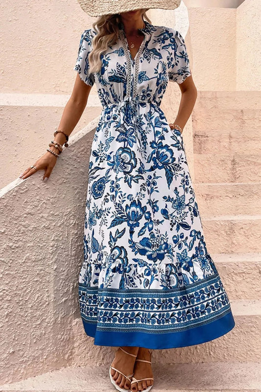 Printed Notched Short Sleeve Dress - adritiX