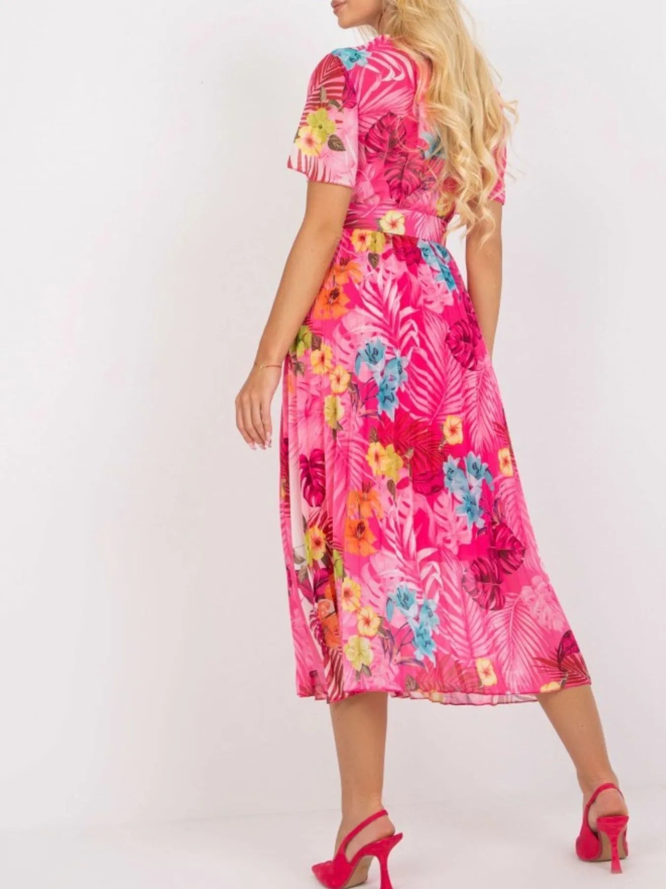 Printed Pleated Midi Wrap Dress with Belt - adritiX
