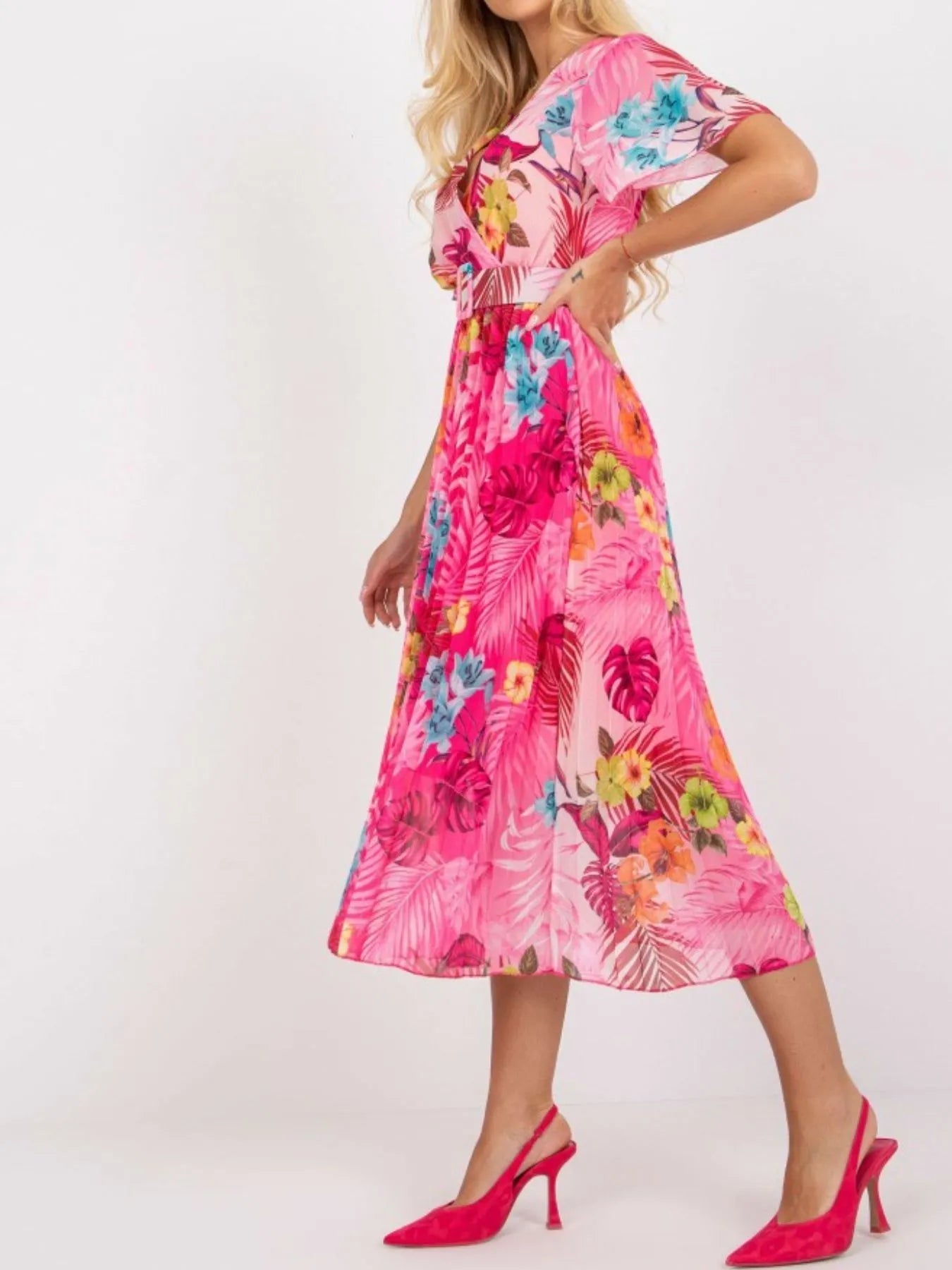 Printed Pleated Midi Wrap Dress with Belt - adritiX