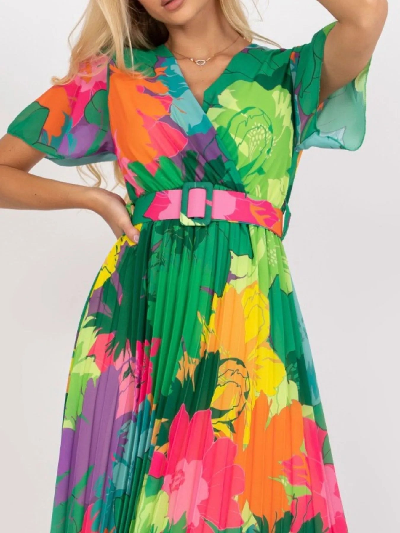 Printed Pleated Midi Wrap Dress with Belt - adritiX