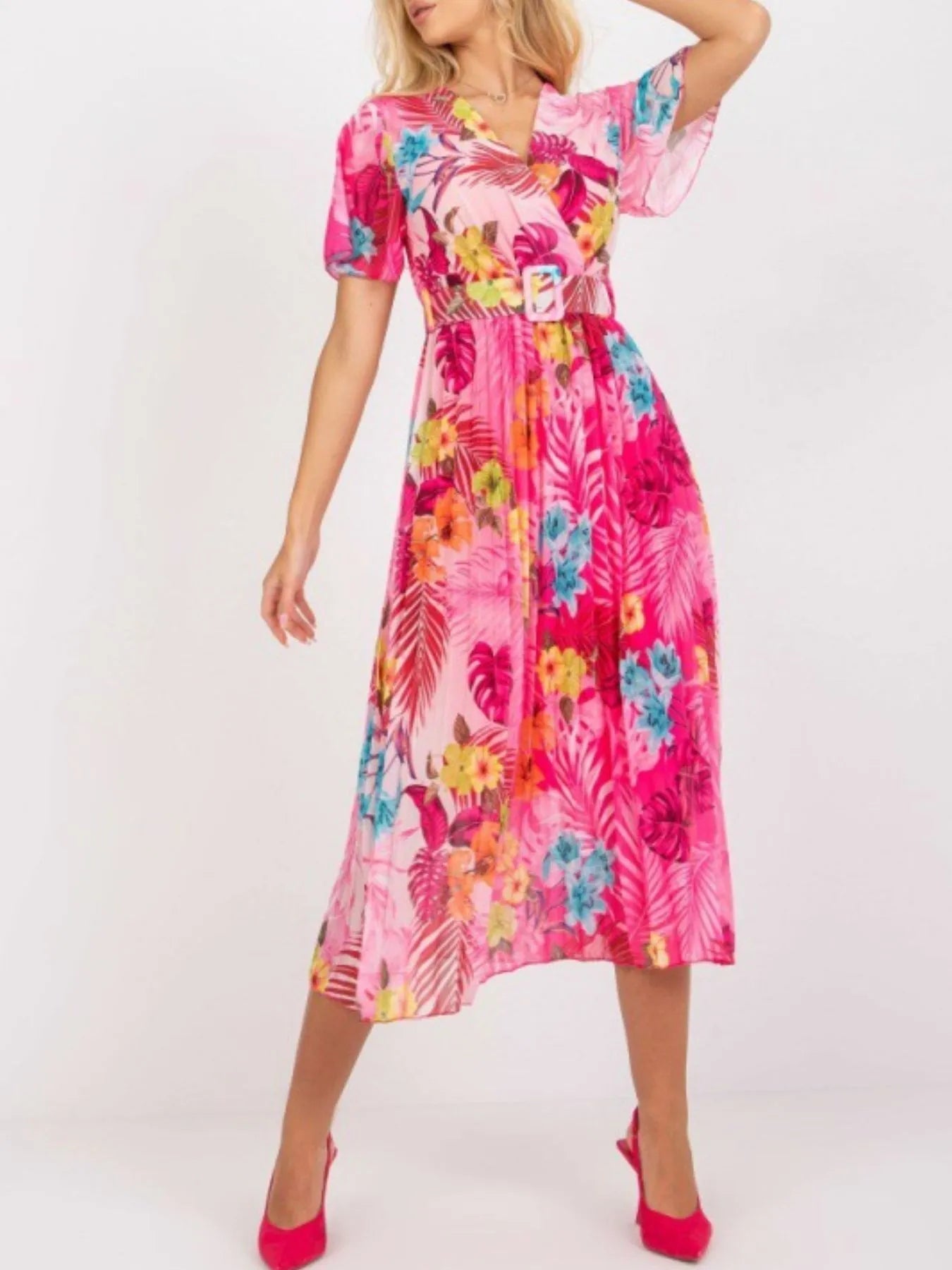 Printed Pleated Midi Wrap Dress with Belt - adritiX