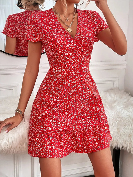 Printed Ruffled Hem V - Neck Short Sleeve Mini Dress - adritiX