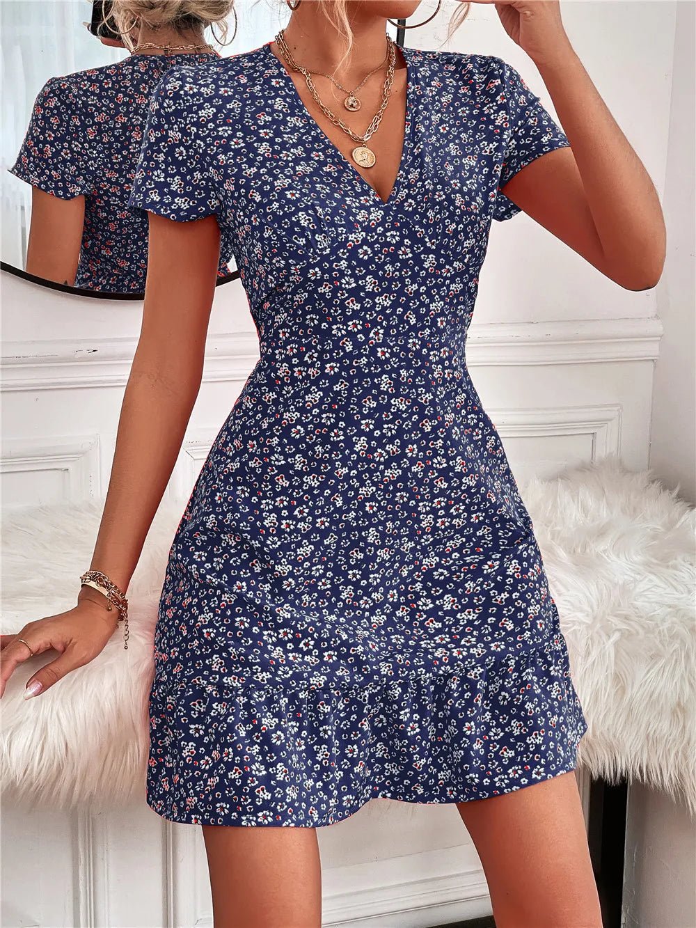 Printed Ruffled Hem V - Neck Short Sleeve Mini Dress - adritiX