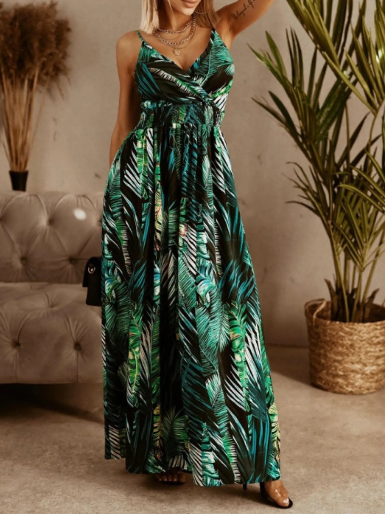 Printed Spaghetti Strap Maxi Dress - adritiX
