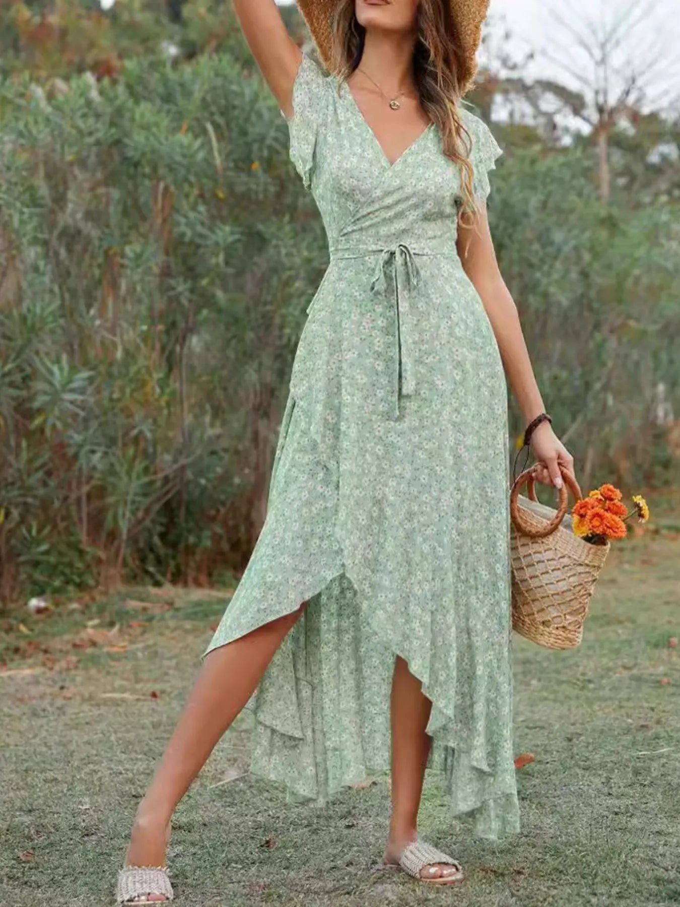 Printed Surplice Ruffle Sleeve Dress - adritiX