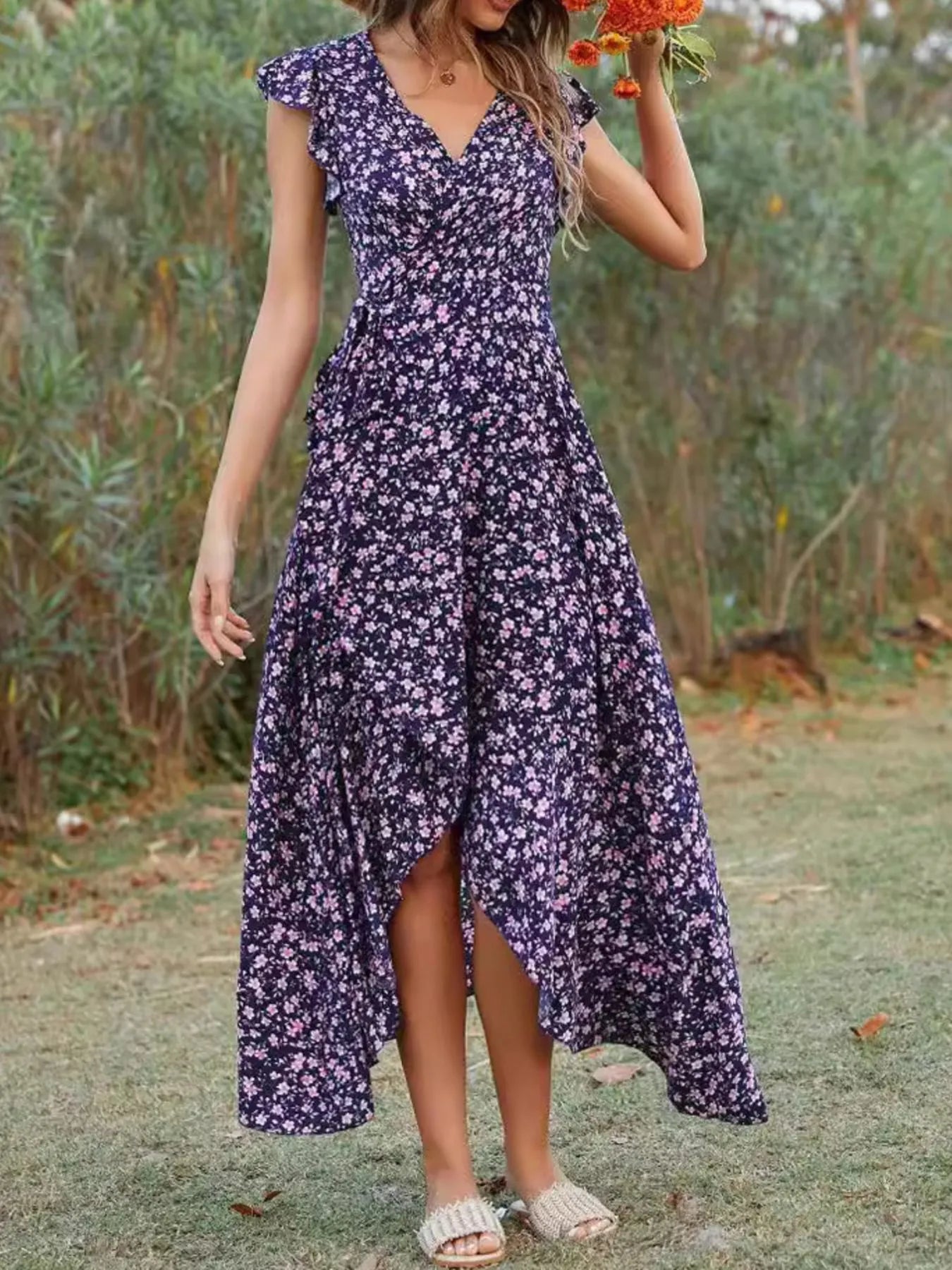 Printed Surplice Ruffle Sleeve Dress - adritiX
