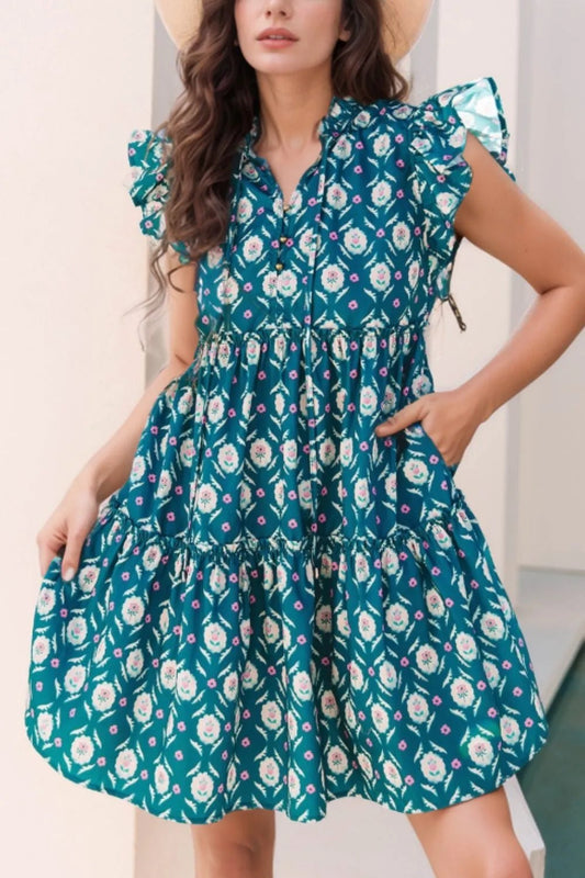 Printed Tie Neck Ruffled Cap Sleeve Dress - adritiX