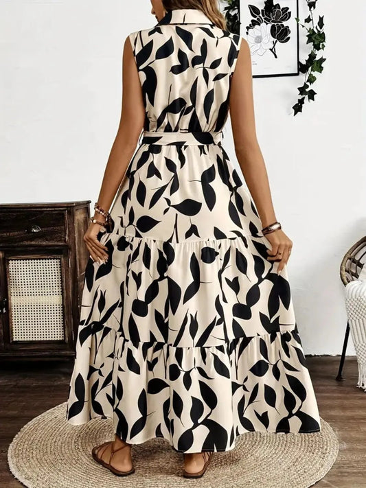 Printed Tie Waist Sleeveless Maxi Dress - adritiX