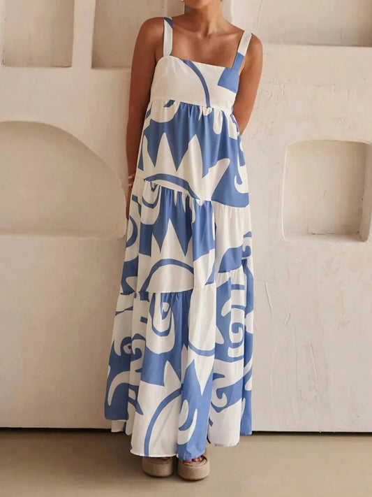 Printed Tiered Square Neck Maxi Dress - adritiX