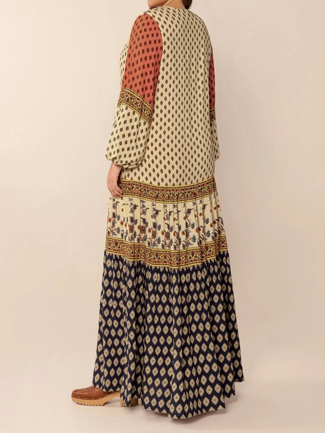 Printed V - Neck Balloon Sleeve Maxi Dress - adritiX