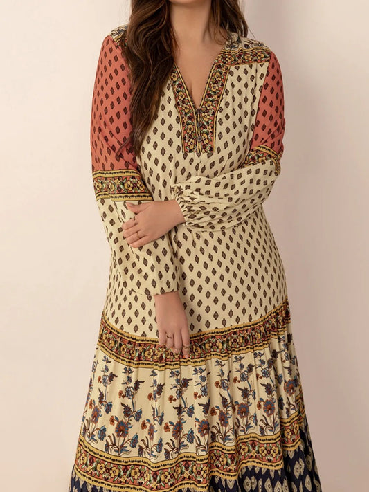 Printed V - Neck Balloon Sleeve Maxi Dress - adritiX