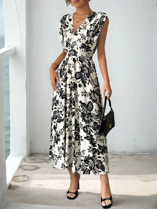 Printed V - Neck Cap Sleeve Dress - adritiX