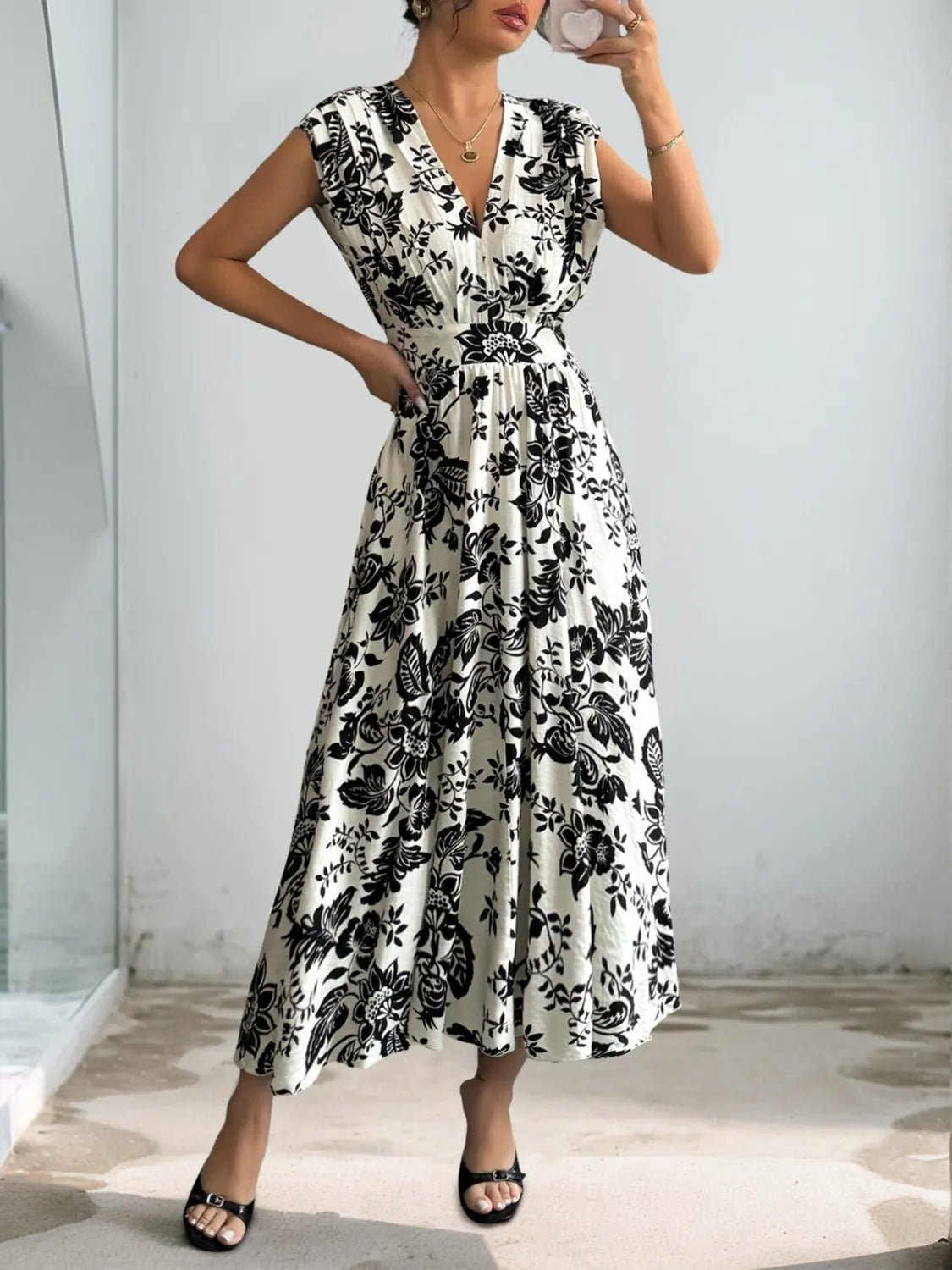 Printed V - Neck Cap Sleeve Dress - adritiX