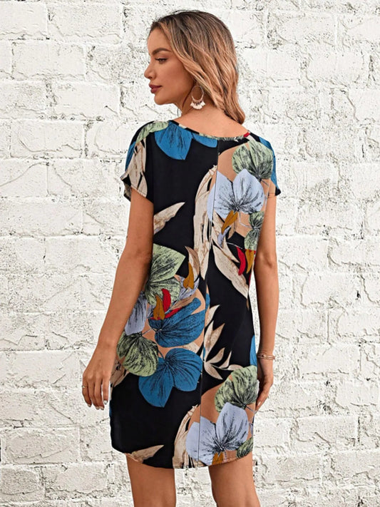 Printed V - Neck Short Sleeve Mini Dress - adritiX