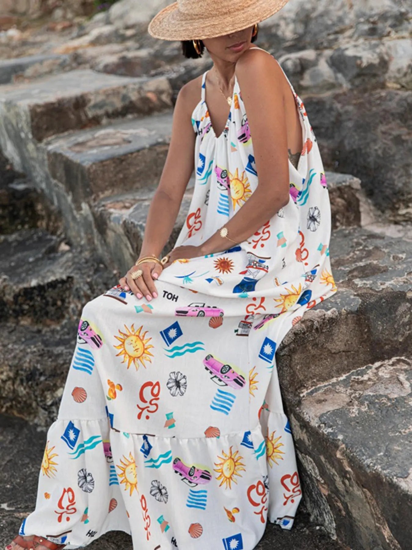 Printed V - neck Summer Maxi Dress - adritiX