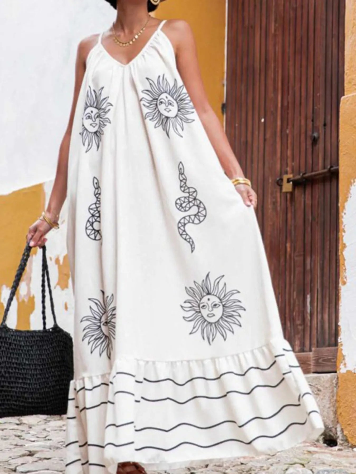 Printed V - neck Summer Maxi Dress - adritiX