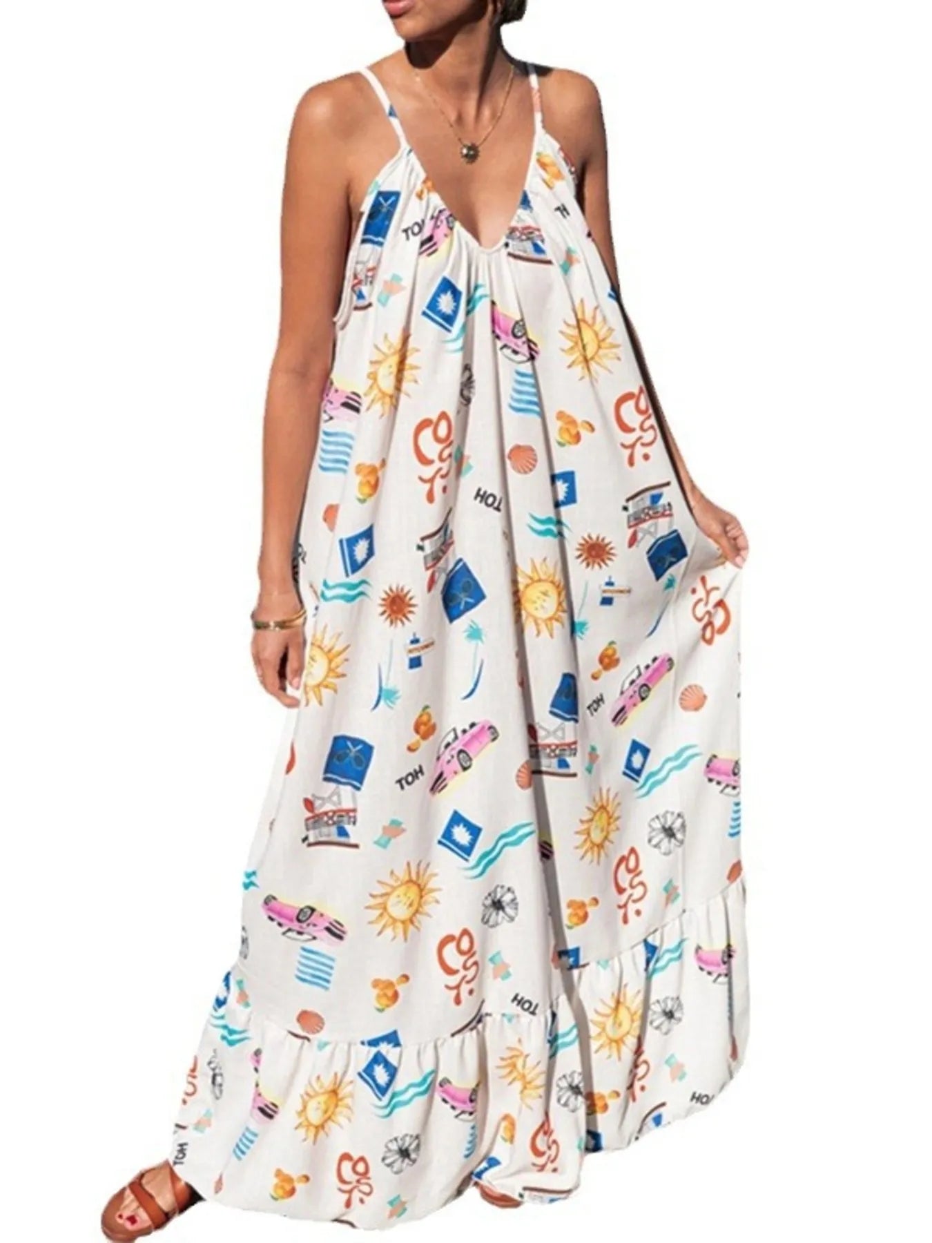 Printed V - neck Summer Maxi Dress - adritiX