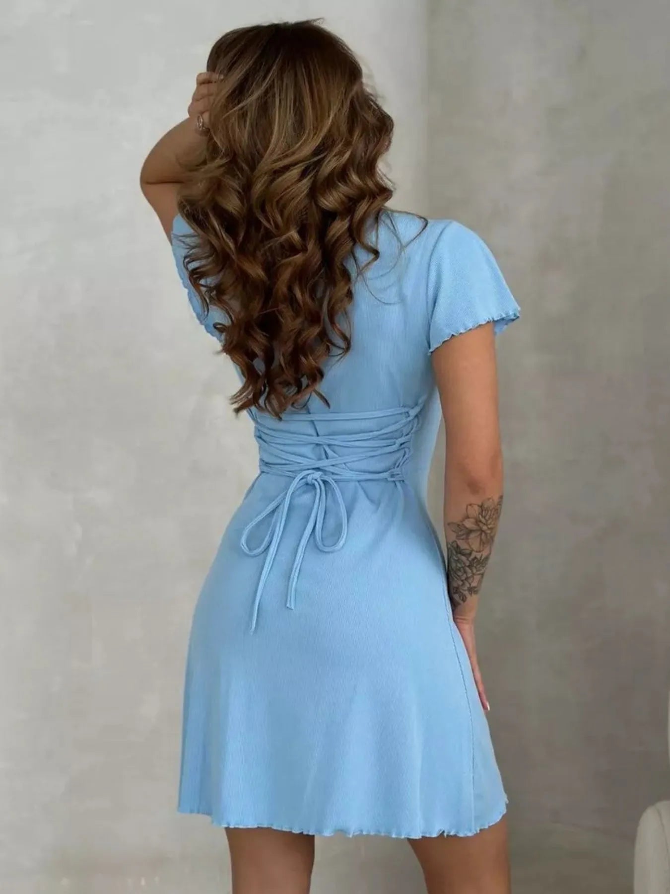 Ribbed Back Lace Up Short Sleeve Mini Dress - adritiX