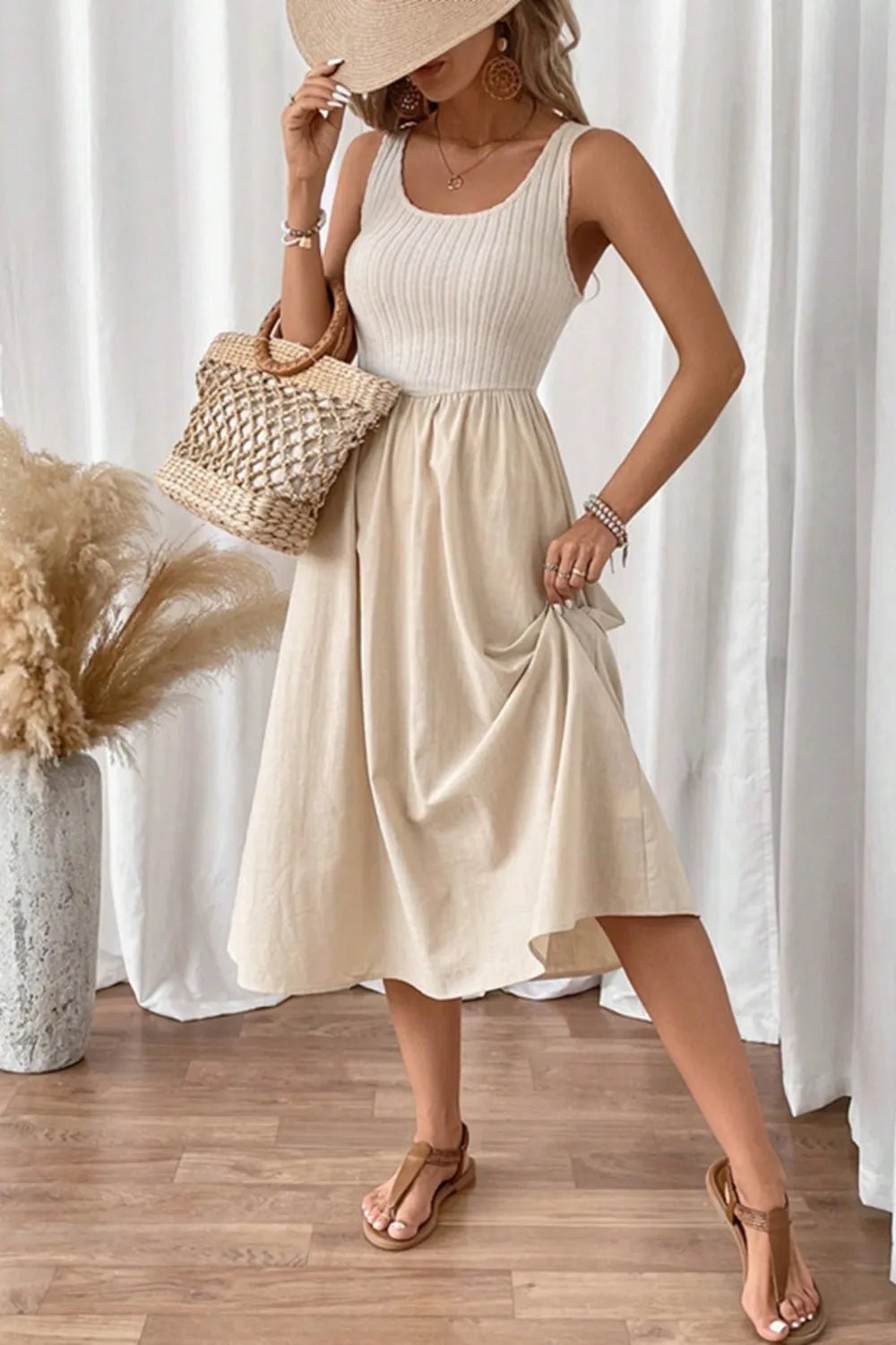 Ribbed Bodice Sleeveless Midi Dress - adritiX