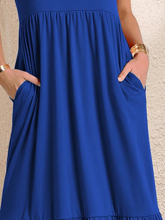 Round Neck Short Sleeve Dress with Pockets - adritiX