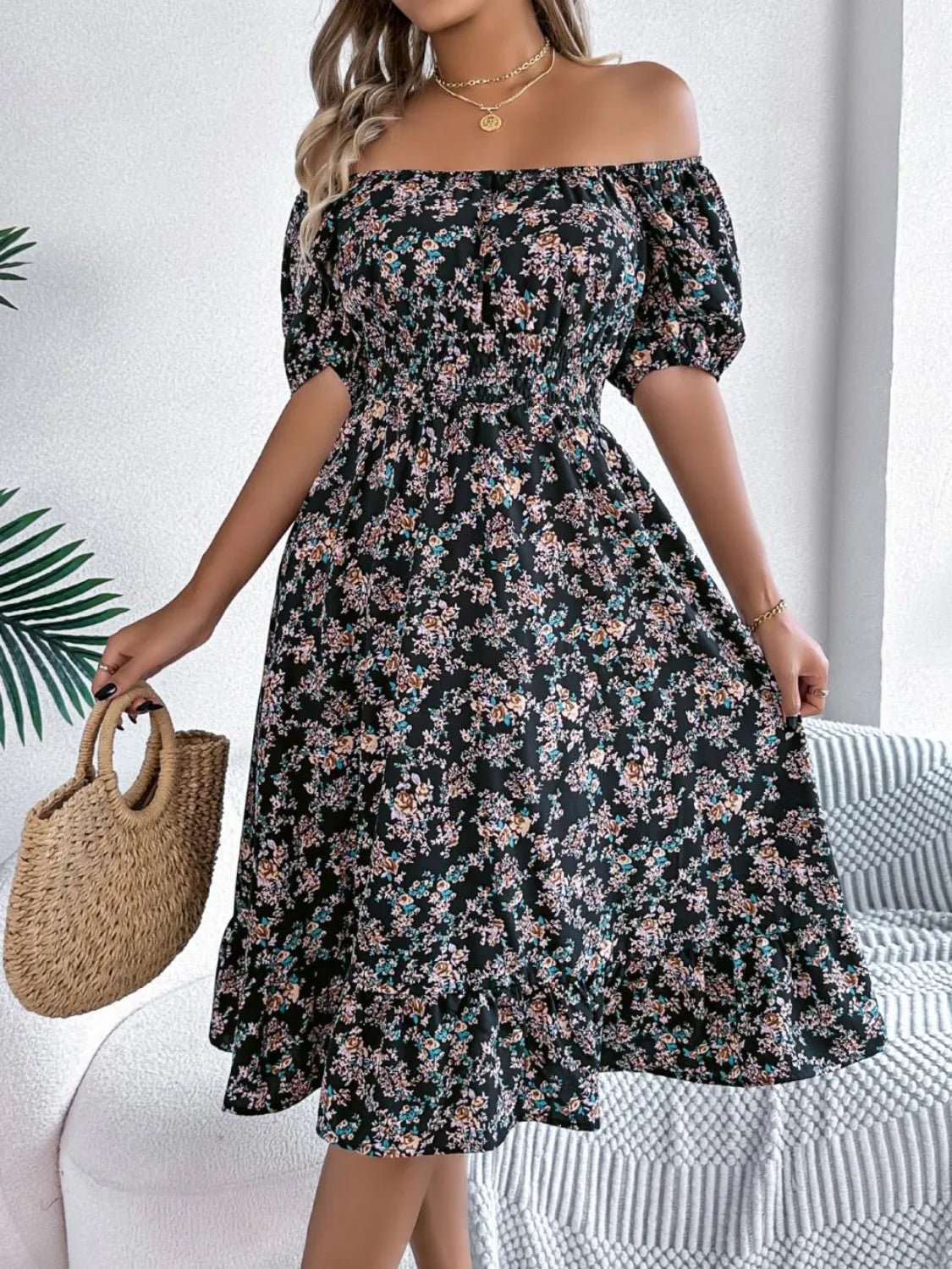 Ruffled Hem Floral Puff Sleeve Dress - adritiX